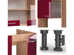 Vicco R-Line Eckküche Bordeaux Hochglanz/Goldkraft Eiche 237 x 247 cm AP Marmor ohne E-Geräte