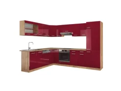 Vicco R-Line Eckküche Bordeaux Hochglanz/Goldkraft Eiche 227 x 287 cm AP Eiche ohne E-Geräte