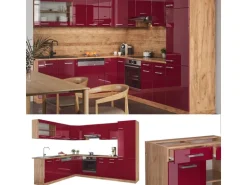 Vicco R-Line Eckküche Bordeaux Hochglanz/Goldkraft Eiche 227 x 287 cm AP Eiche ohne E-Geräte