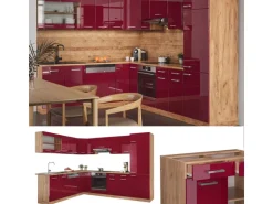 Vicco R-Line Eckküche Bordeaux Hochglanz/Goldkraft Eiche 227 x 287 cm AP Marmor ohne E-Geräte