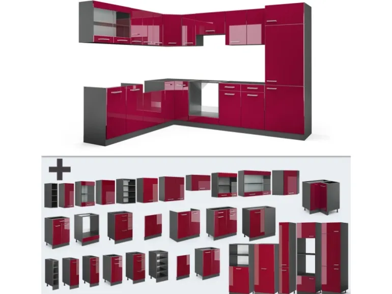 Vicco R-Line Eckküche Bordeaux Hochglanz/Anthrazit 227 x 287 cm ohne Arbeitsplatte ohne E-Geräte