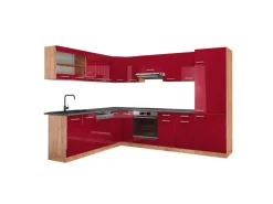 Vicco R-Line Eckküche Bordeaux Hochglanz/Goldkraft Eiche 227 x 287 cm AP Anthrazit ohne E-Geräte