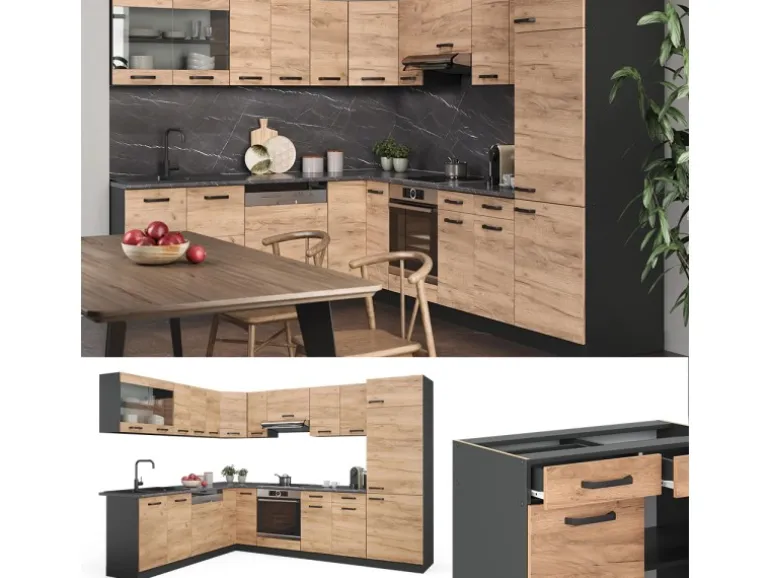 Vicco R-Line Eckküche Goldkraft Eiche/Anthrazit 227 x 287 cm AP Marmor ohne E-Geräte