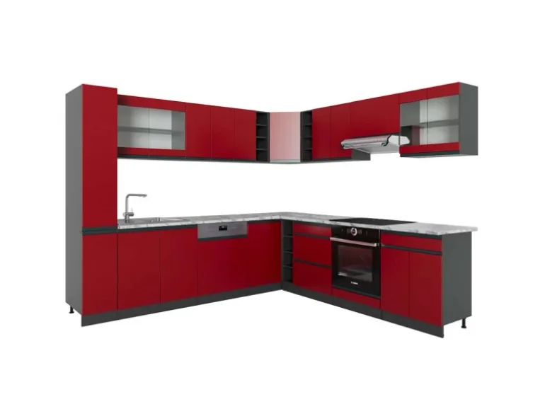 Vicco R-Line Eckküche Rot/Anthrazit 257 x 277 cm J-ShapeAP Marmor ohne E-Geräte