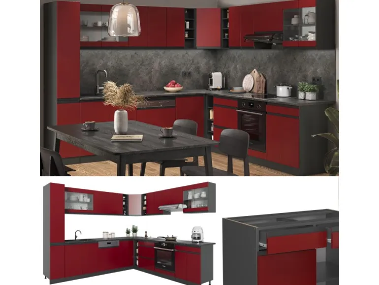 Vicco R-Line Eckküche Rot/Anthrazit 257 x 277 cm J-ShapeAP Marmor ohne E-Geräte