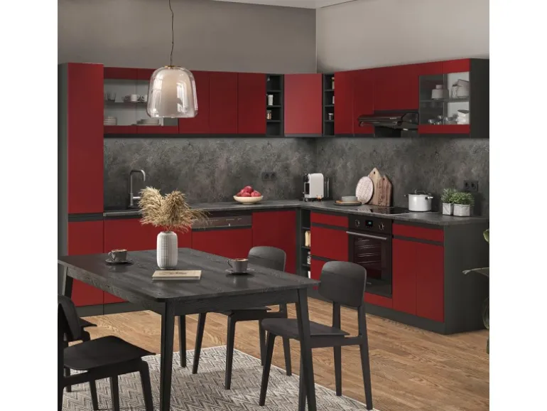 Vicco R-Line Eckküche Rot/Anthrazit 257 x 277 cm J-ShapeAP Marmor ohne E-Geräte