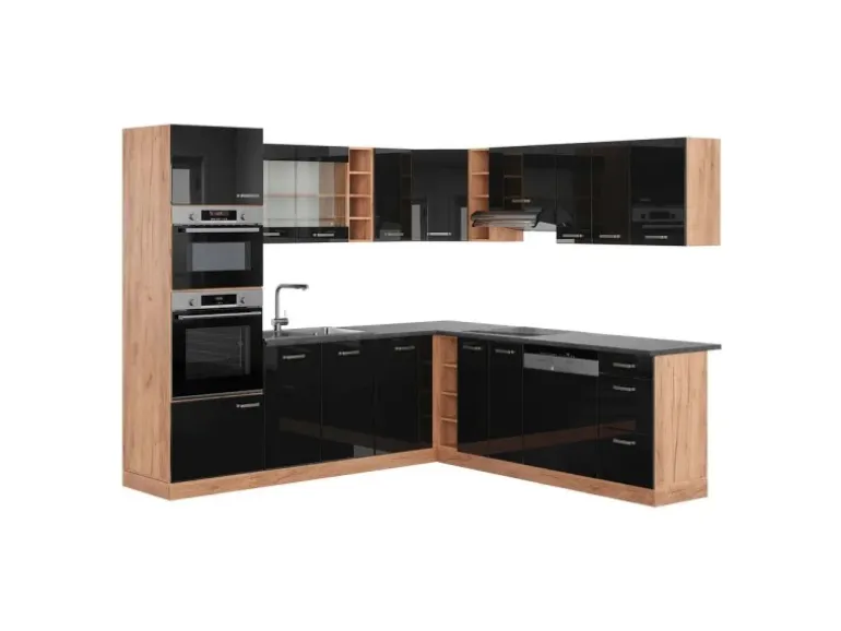 Vicco R-Line Eckküche Schwarz Hochglanz/Goldkraft Eiche 237 x 247 cm AP Anthrazit ohne E-Geräte