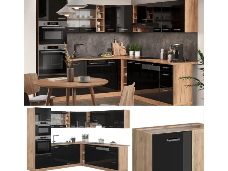 Vicco R-Line Eckküche Schwarz Hochglanz/Goldkraft Eiche 237 x 247 cm AP Anthrazit ohne E-Geräte
