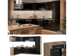 Vicco R-Line Eckküche Schwarz Hochglanz/Goldkraft Eiche 227 x 287 cm AP Anthrazit ohne E-Geräte