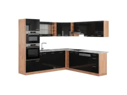 Vicco R-Line Eckküche Schwarz Hochglanz/Goldkraft Eiche 237 x 247 cm AP Marmor ohne E-Geräte