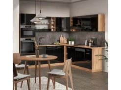 Vicco R-Line Eckküche Schwarz Hochglanz/Goldkraft Eiche 237 x 247 cm AP Marmor ohne E-Geräte