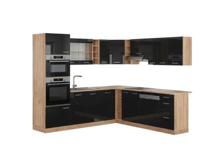 Vicco R-Line Eckküche Schwarz Hochglanz/Goldkraft Eiche 237 x 247 cm AP Eiche ohne E-Geräte