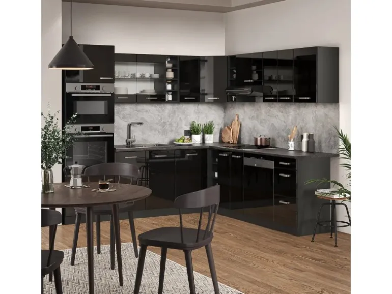 Vicco R-Line Eckküche Schwarz Hochglanz/Anthrazit 237 x 247 cm AP Anthrazit ohne E-Geräte