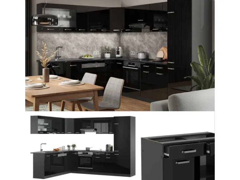 Vicco R-Line Eckküche Schwarz Hochglanz/Anthrazit 227 x 287 cm AP Eiche ohne E-Geräte