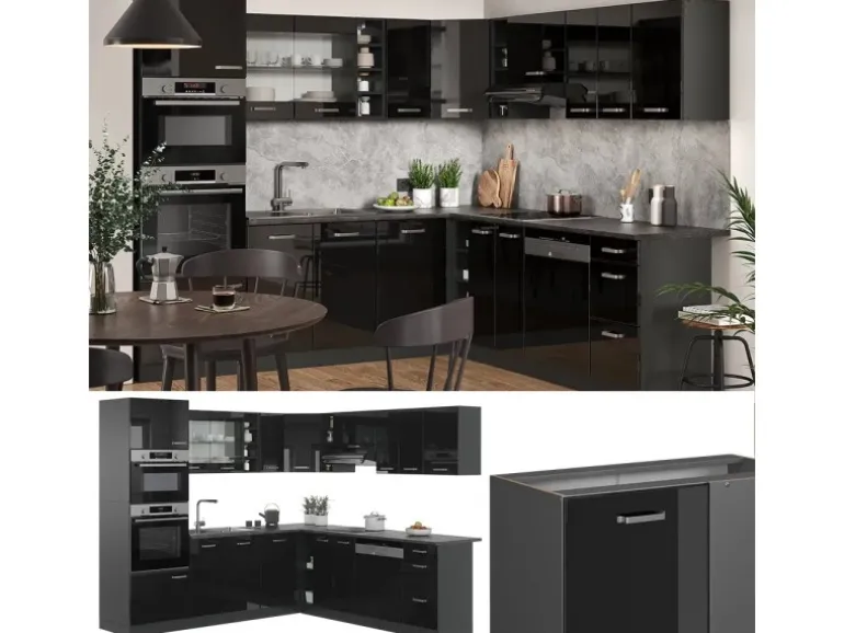 Vicco R-Line Eckküche Schwarz Hochglanz/Anthrazit 237 x 247 cm AP Marmor ohne E-Geräte
