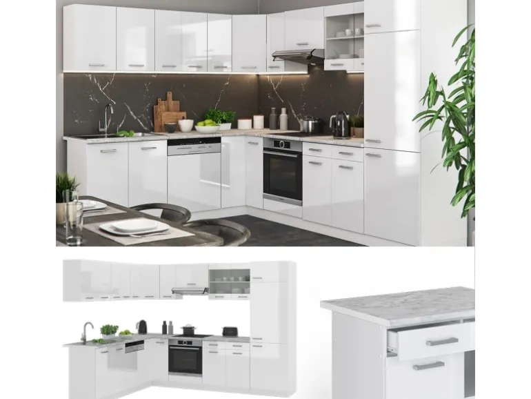 Vicco R-Line Eckküche Weiß Hochglanz/Weiß 227 x 287 cm AP Eiche ohne E-Geräte