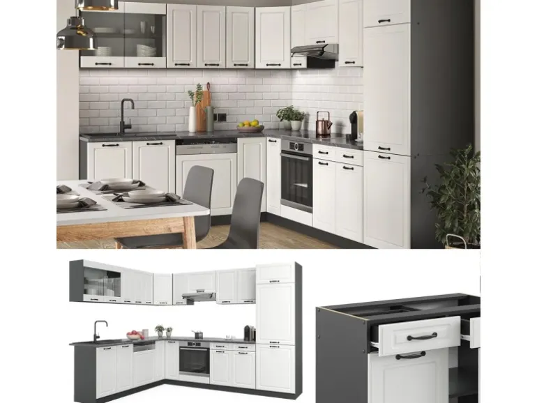 Vicco R-Line Eckküche Weiß Landhaus/Anthrazit 227 x 287 cm AP Eiche ohne E-Geräte