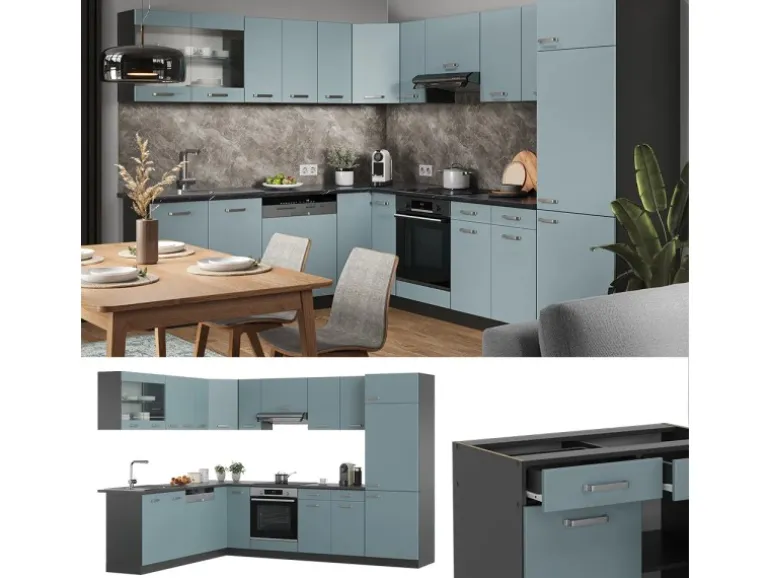 Vicco R-Line Einbauküche Blau-Grau/Anthrazit 227 x 287 cm ohne Arbeitsplatte ohne E-Geräte