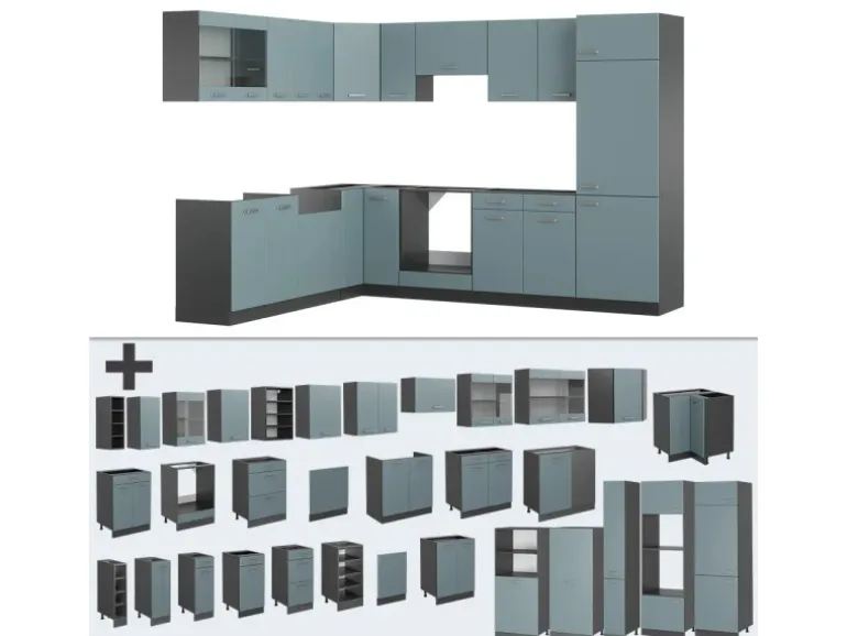 Vicco R-Line Einbauküche Blau-Grau/Anthrazit 227 x 287 cm ohne Arbeitsplatte ohne E-Geräte