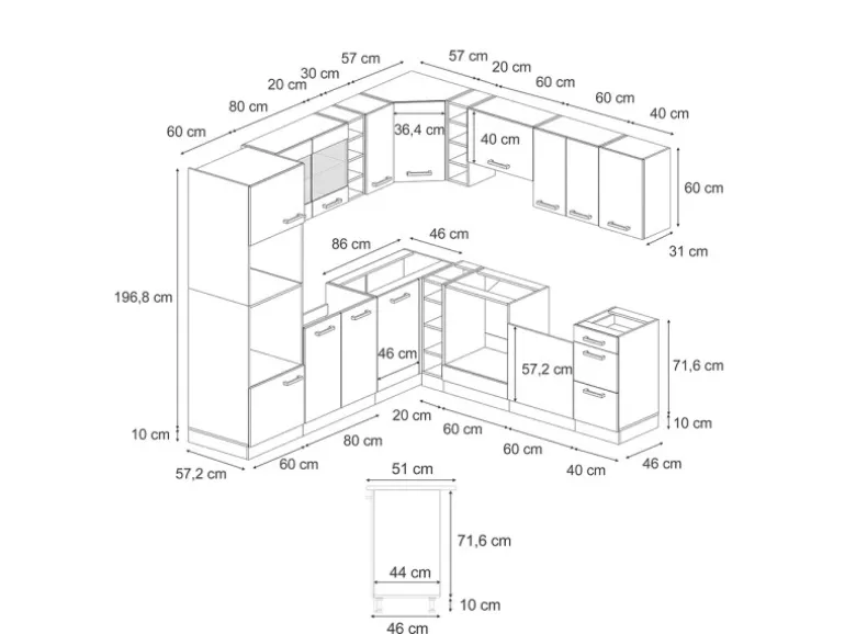 Vicco R-Line Einbauküche in L-Form Schwarz Hochglanz/Weiß 237 x 247 cm AP Eiche ohne E-Geräte