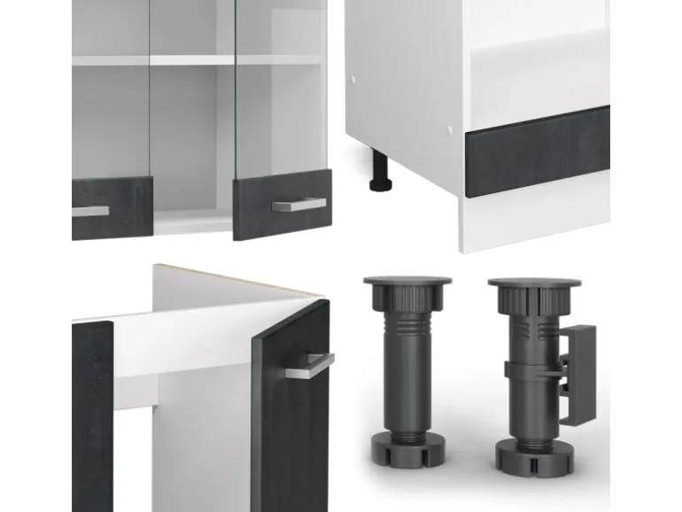 Vicco R-Line Einbauküche in L-Form Schwarz Beton/Weiß 227 x 287 cm AP Eiche ohne E-Geräte