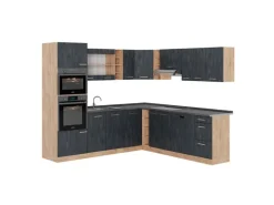 Vicco R-Line Einbauküche in L-Form Schwarz Beton/Goldkraft Eiche 237 x 247 cm AP Anthrazit ohne E-Geräte