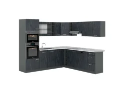 Vicco R-Line Einbauküche in L-Form Schwarz Beton/Anthrazit 237 x 247 cm AP Marmor ohne E-Geräte