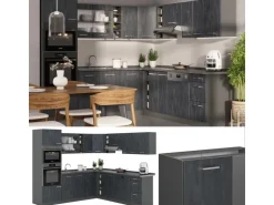 Vicco R-Line Einbauküche in L-Form Schwarz Beton/Anthrazit 237 x 247 cm AP Marmor ohne E-Geräte