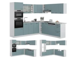 Vicco R-Line Einbauküche in L-Form Blau-Grau/Weiß 237 x 247 cm AP Anthrazit ohne E-Geräte