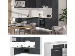 Vicco R-Line Einbauküche in L-Form Schwarz Beton/Weiß 227 x 287 cm ohne Arbeitsplatte ohne E-Geräte