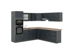 Vicco R-Line Einbauküche in L-Form Schwarz Beton/Anthrazit 237 x 247 cm AP Eiche ohne E-Geräte