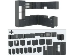 Vicco R-Line Einbauküche in L-Form Schwarz Beton/Anthrazit 237 x 247 cm AP Eiche ohne E-Geräte