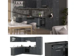 Vicco R-Line Einbauküche in L-Form Schwarz Beton/Anthrazit 227 x 287 cm AP Eiche ohne E-Geräte