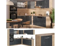 Vicco R-Line Einbauküche in L-Form Schwarz Beton/Goldkraft Eiche 237 x 247 cm ohne Arbeitsplatte ohne E-Geräte