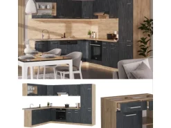 Vicco R-Line Einbauküche in L-Form Schwarz Beton/Goldkraft Eiche 227 x 287 cm AP Marmor ohne E-Geräte