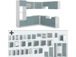 Vicco R-Line Einbauküche in L-Form Blau-Grau/Weiß 237 x 247 cm AP Eiche ohne E-Geräte