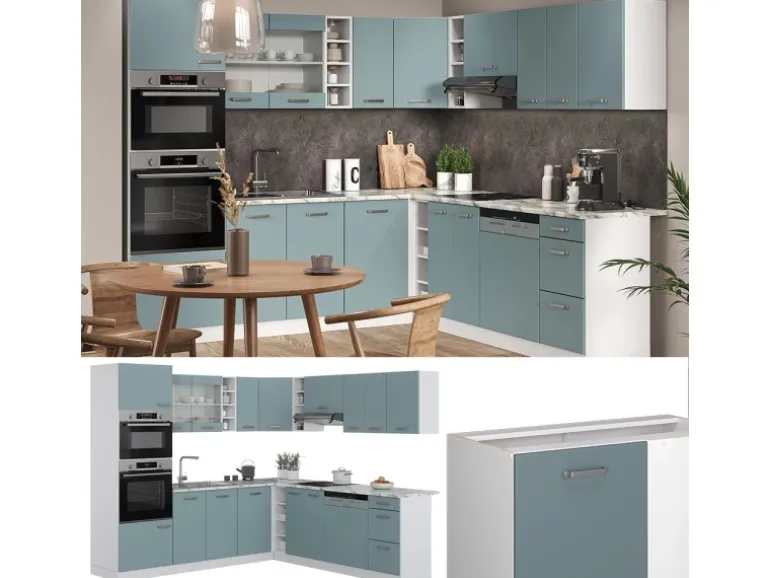 Vicco R-Line Einbauküche in L-Form Blau-Grau 237 x 60 cm AP Marmor ohne E-Geräte