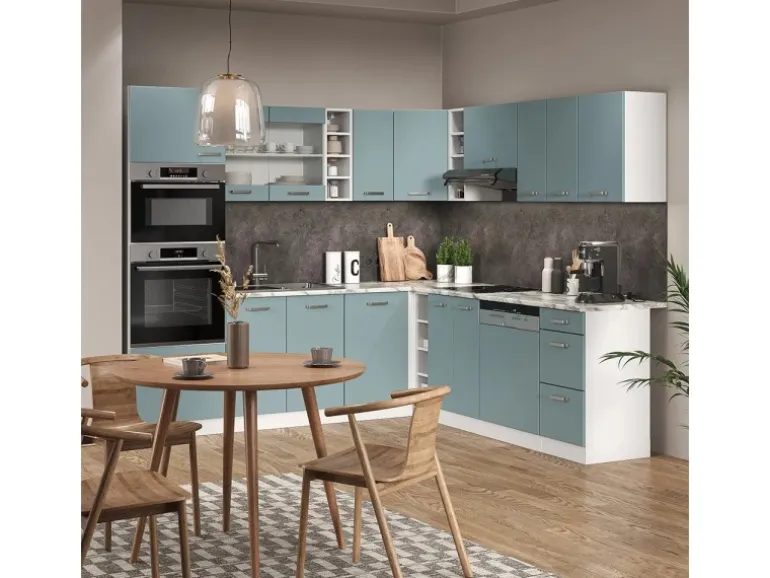 Vicco R-Line Einbauküche in L-Form Blau-Grau 237 x 60 cm AP Marmor ohne E-Geräte