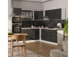 Vicco R-Line Einbauküche in L-Form Schwarz Beton/Weiß 237 x 247 cm AP Marmor ohne E-Geräte