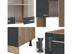 Vicco R-Line Einbauküche in L-Form Schwarz Beton/Goldkraft Eiche 237 x 247 cm AP Marmor ohne E-Geräte