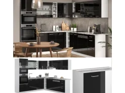 Vicco R-Line Einbauküche in L-Form Schwarz Hochglanz 237 x 60 cm AP Marmor ohne E-Geräte