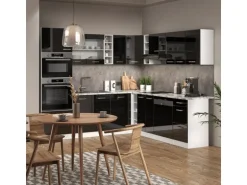 Vicco R-Line Einbauküche in L-Form Schwarz Hochglanz 237 x 60 cm AP Marmor ohne E-Geräte