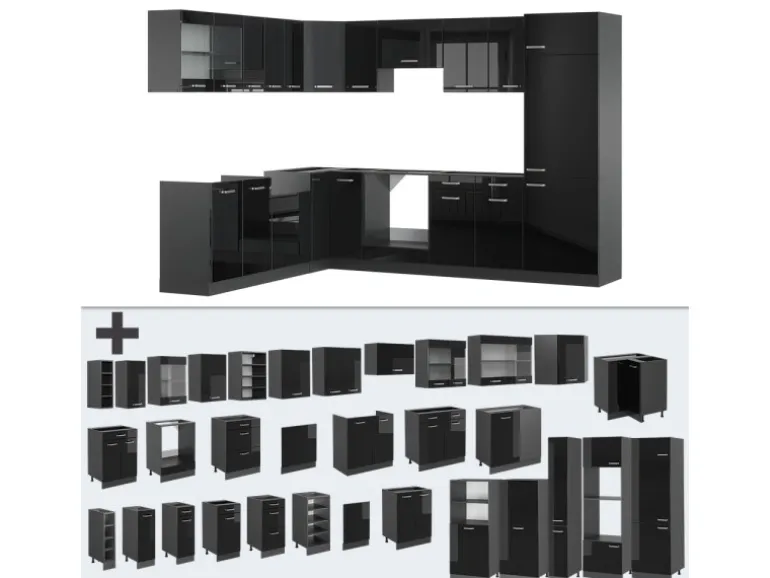 Vicco R-Line Einbauküche Schwarz Hochglanz/Anthrazit 227 x 287 cm ohne Arbeitsplatte ohne E-Geräte