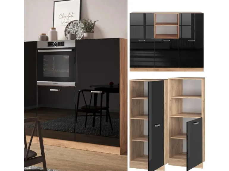 Vicco R-Line Einbauküche Schwarz Hochglanz/Goldkraft Eiche 180 cm ohne Arbeitsplatte ohne E-Geräte