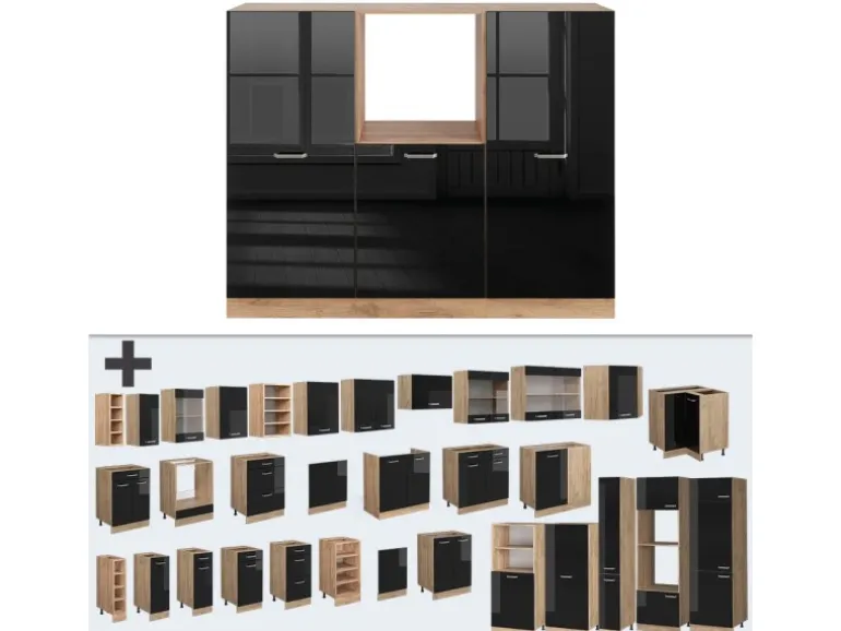 Vicco R-Line Einbauküche Schwarz Hochglanz/Goldkraft Eiche 180 cm ohne Arbeitsplatte ohne E-Geräte
