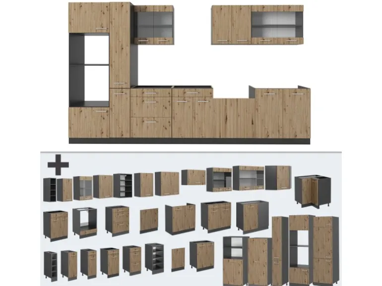 Vicco R-Line Küche Artisan Eiche/Anthrazit 350 cm mit HochschrankAP Anthrazit ohne E-Geräte