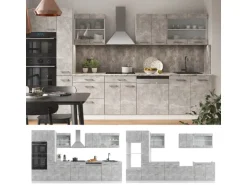Vicco R-Line Küche Beton/Weiß 350 cm mit HochschrankAP Marmor ohne E-Geräte