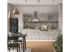 Vicco R-Line Küche Beton/Weiß 350 cm mit HochschrankAP Marmor ohne E-Geräte