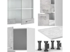 Vicco R-Line Küche Beton/Weiß 350 cm mit HochschrankAP Marmor ohne E-Geräte