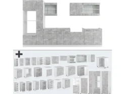 Vicco R-Line Küche Beton/Weiß 350 cm mit HochschrankAP Marmor ohne E-Geräte